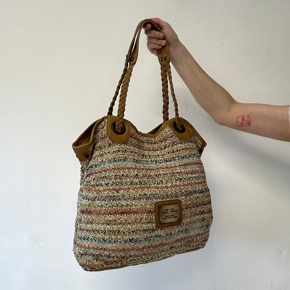 multicoloured woven beach shoulder bag