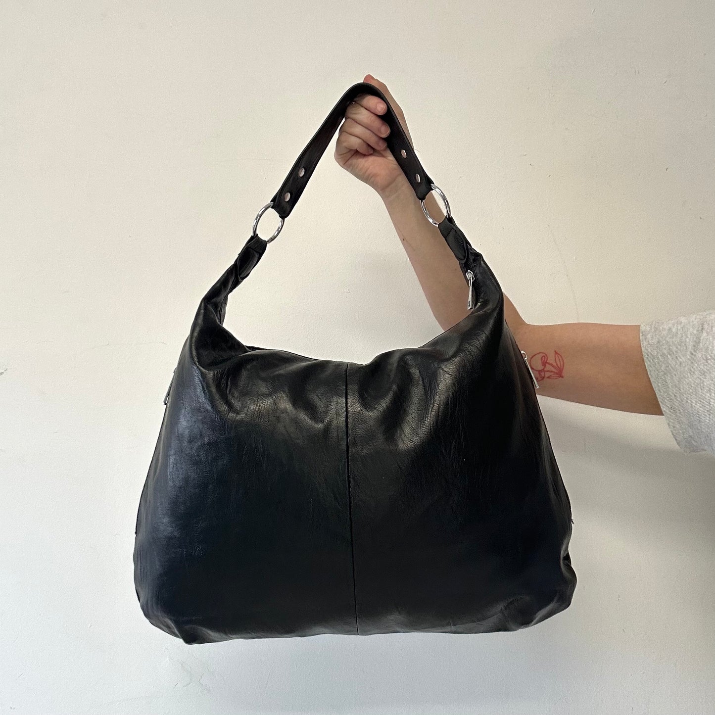 black silver hardware faux leather shoulder bag