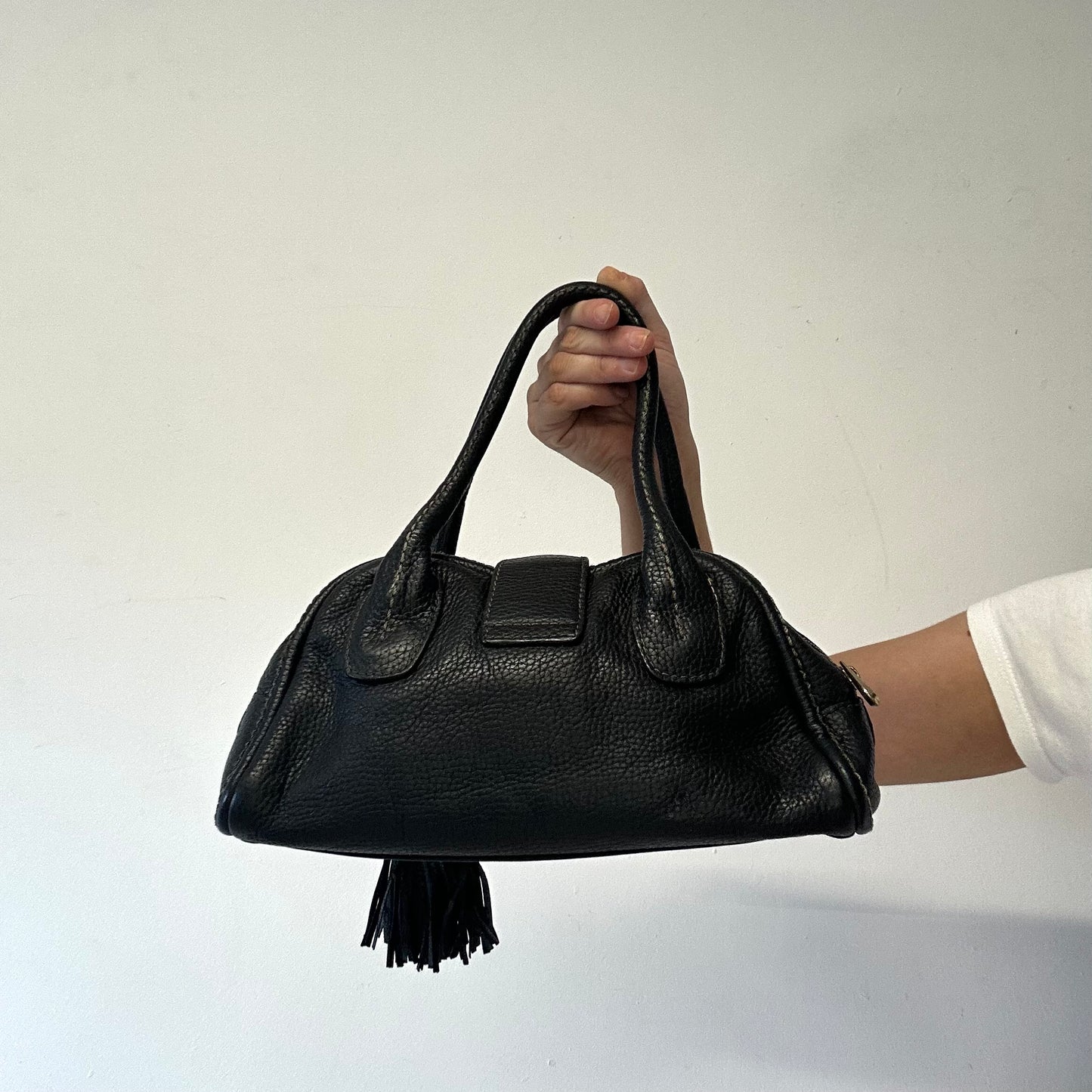 black genuine leather buckle mini shoulder bag