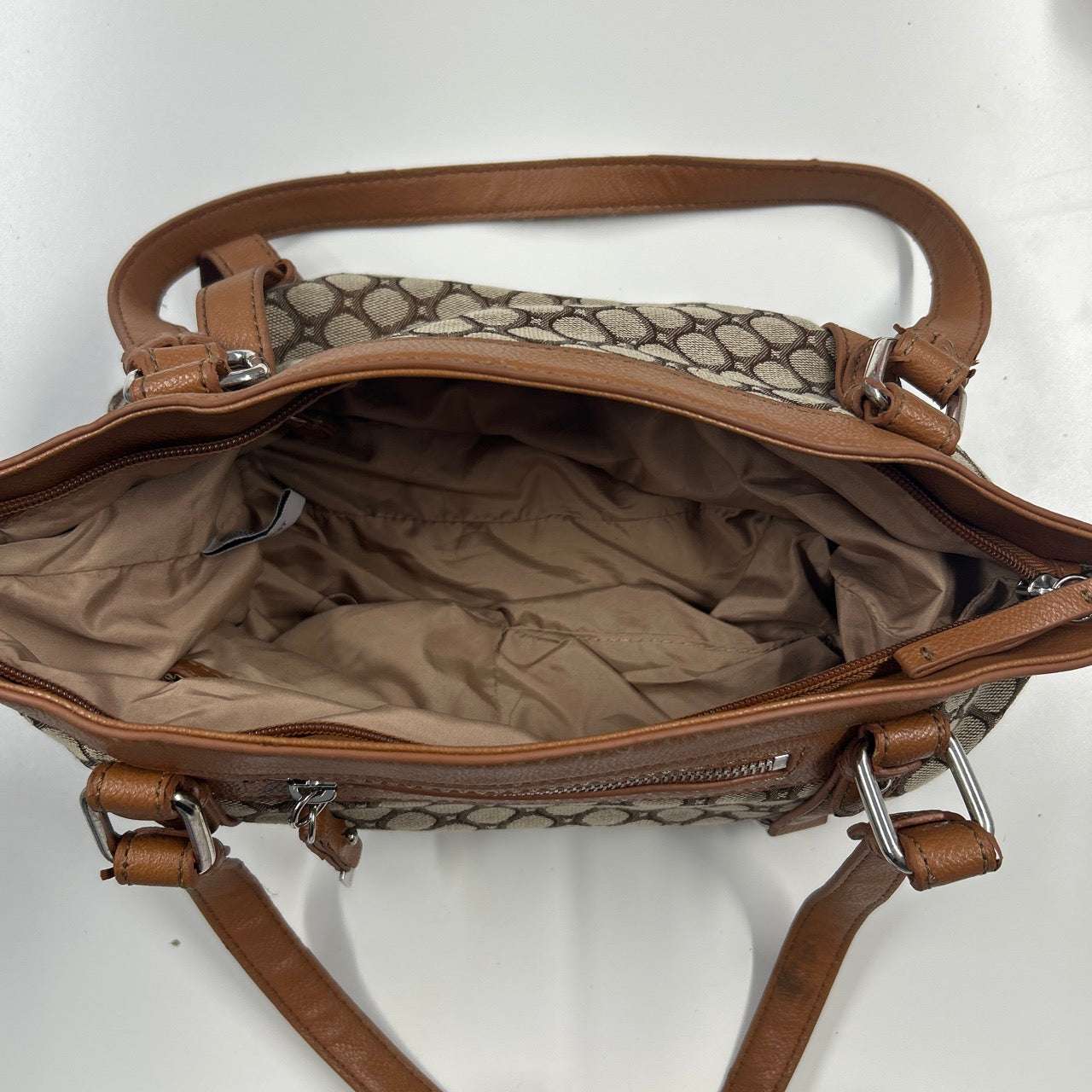 brown canvas monogram faux leather shoulder bag