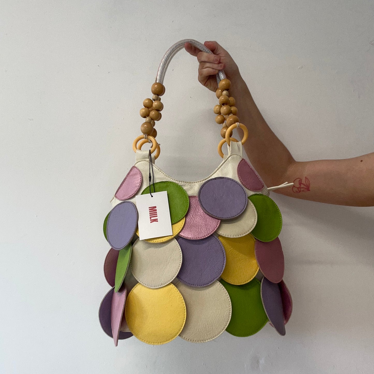 multicoloured faux leather disc beaded shoulder bag