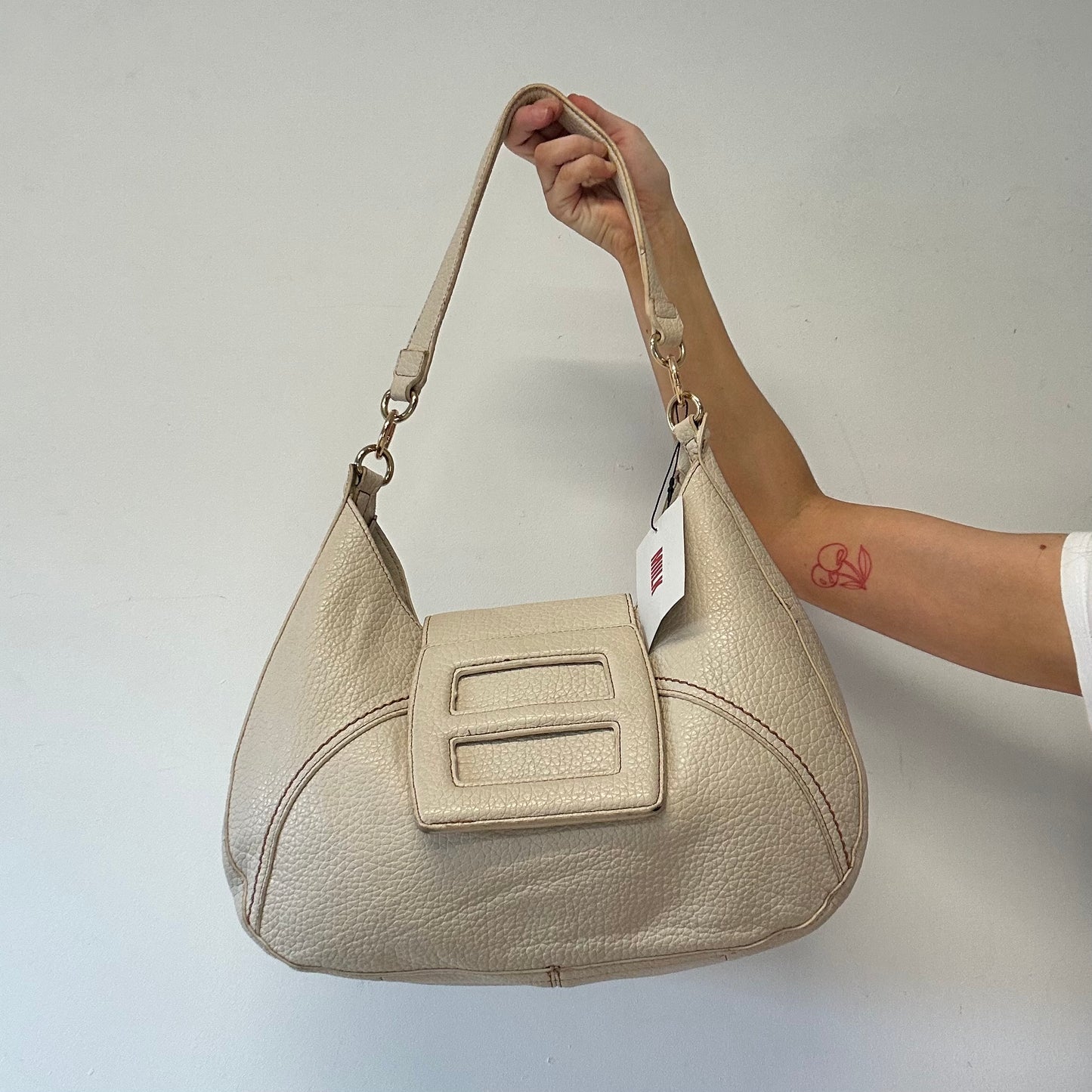 cream faux leather oversized buckle shoulder bag