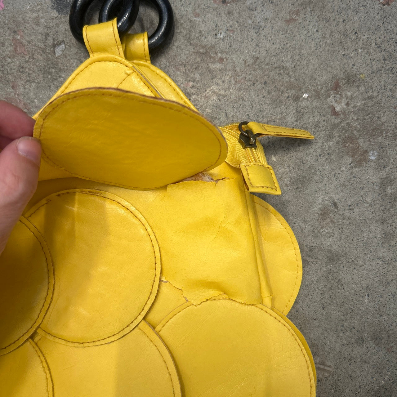 yellow faux leather disc beaded shoulder bag
