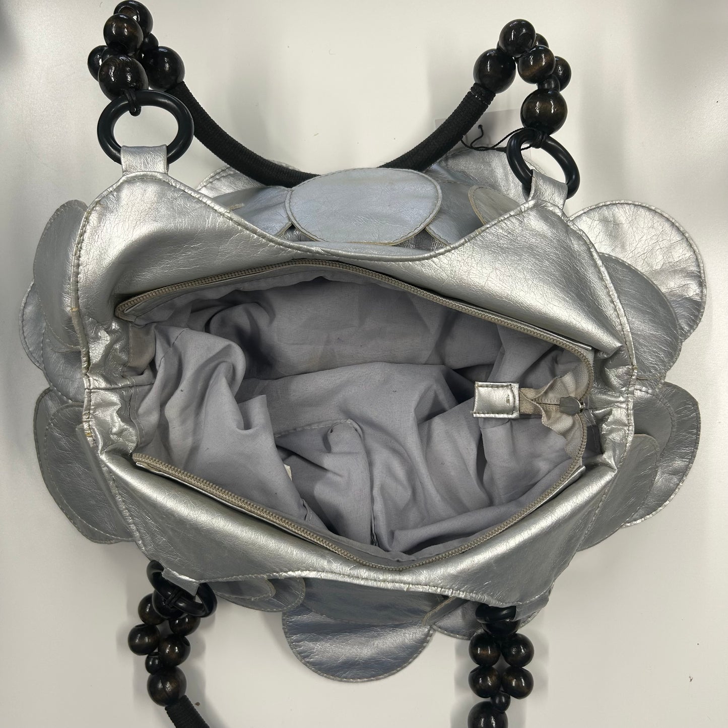 silver faux leather disc beaded shoulder bag