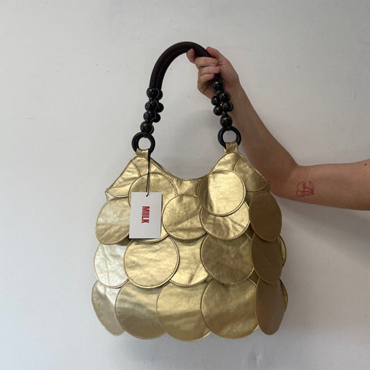 gold faux leather disc beaded shoulder bag