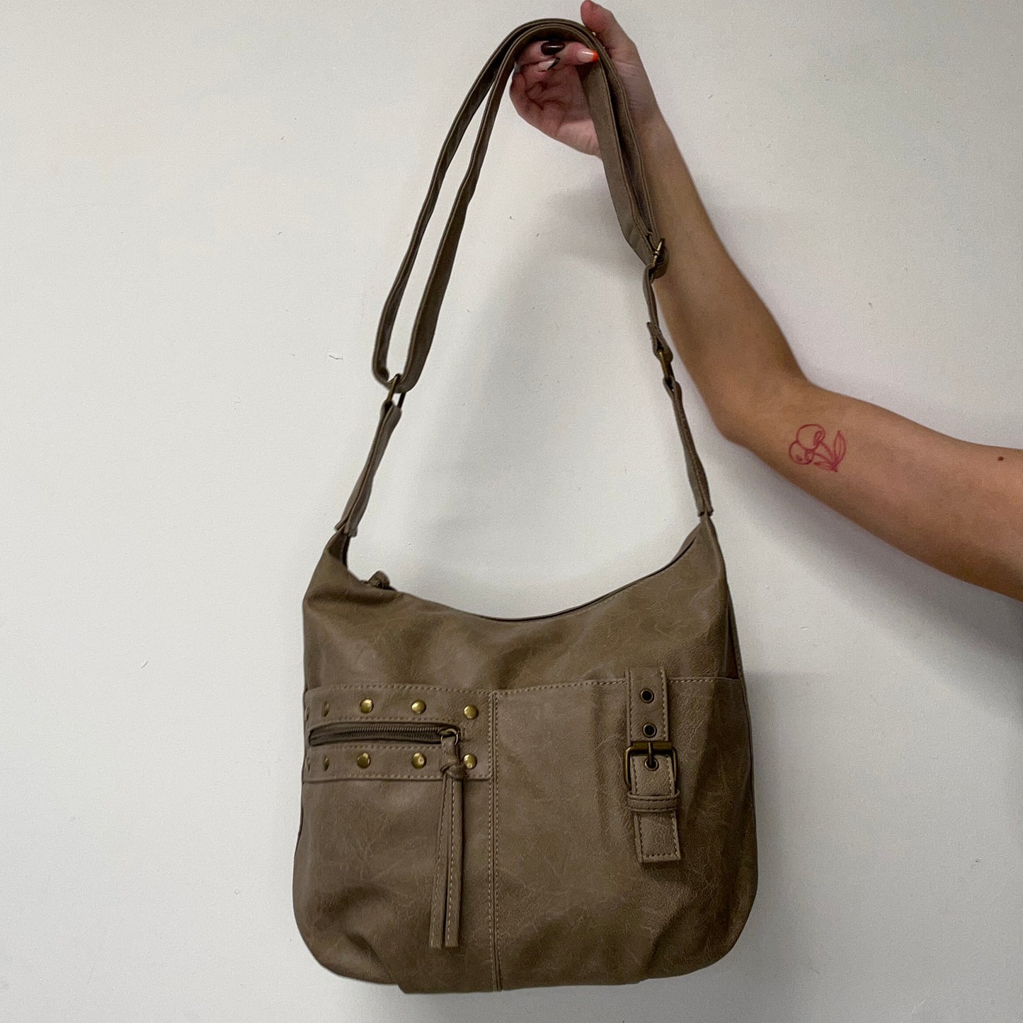 brown faux leather studded buckle shoulder bag