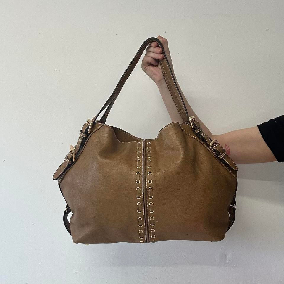 brown faux leather eyelet shoulder bag