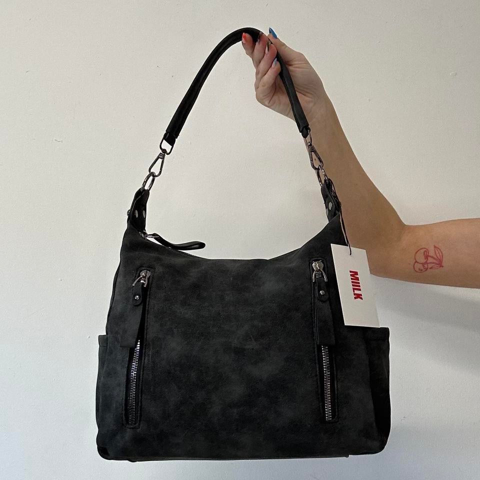 black faux leather double zip shoulder bag