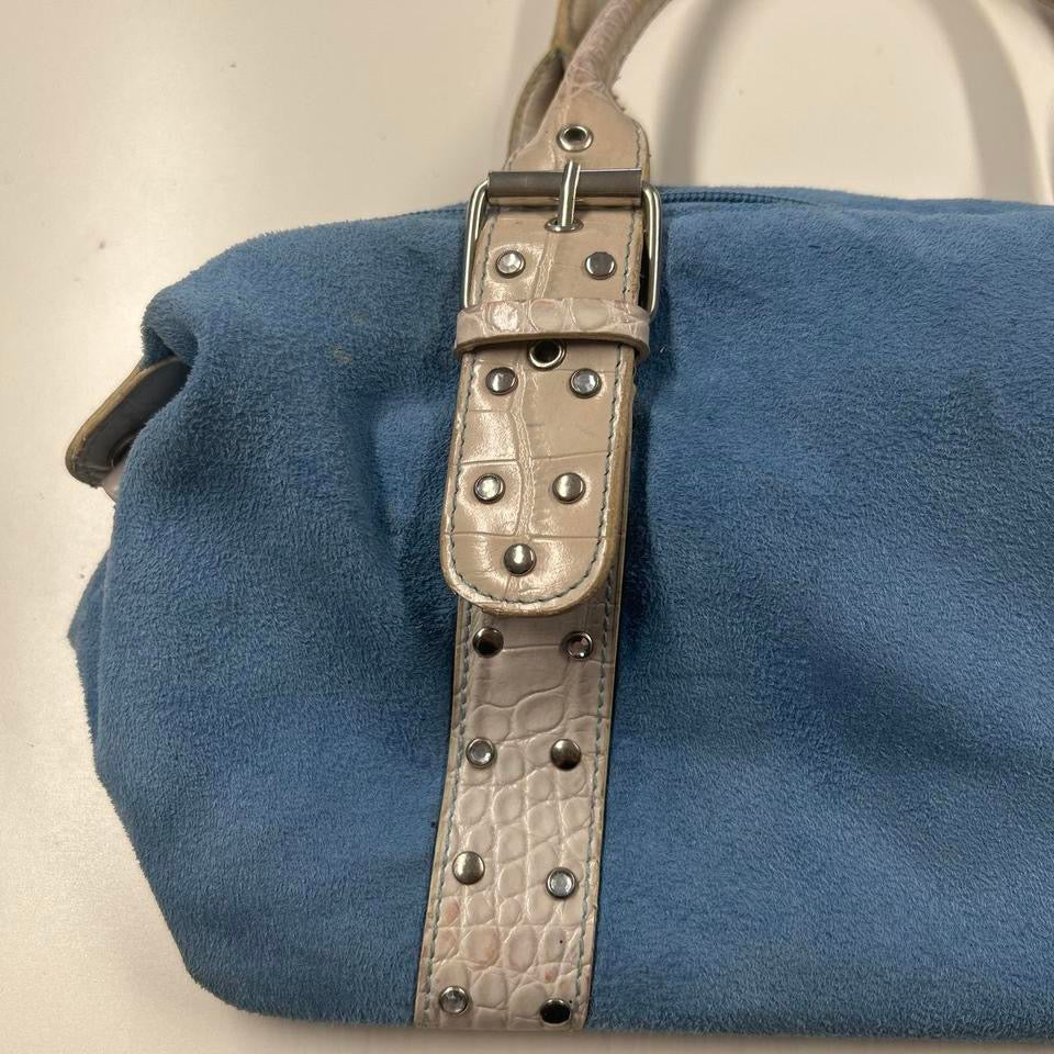 blue studded double buckle shoulder bag