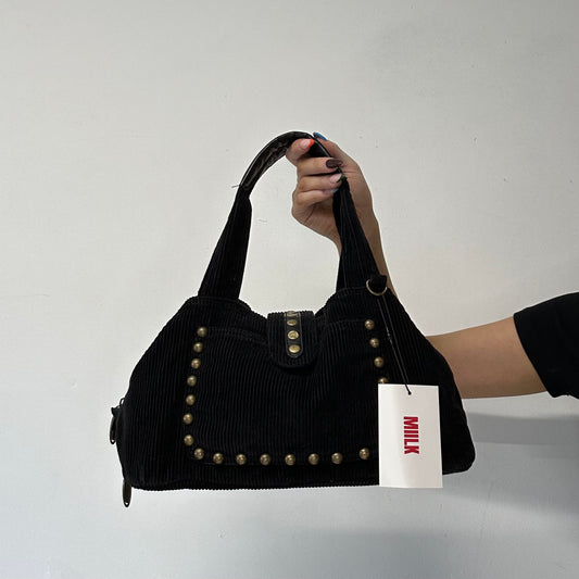 black corduroy studded shoulder bag