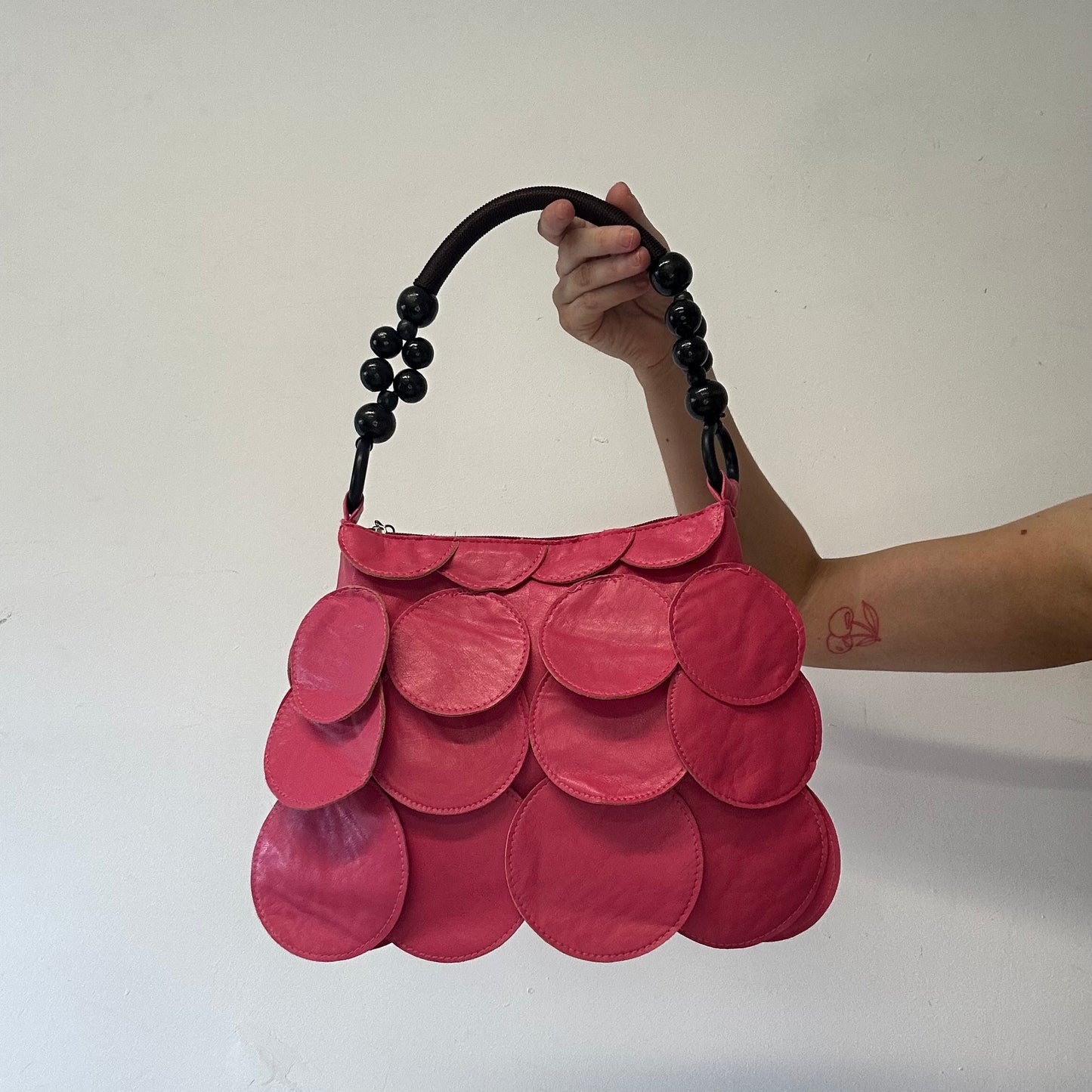 hot pink faux leather disc beaded mini shoulder bag