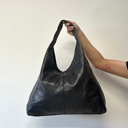 charcoal black faux leather slouchy shoulder bag