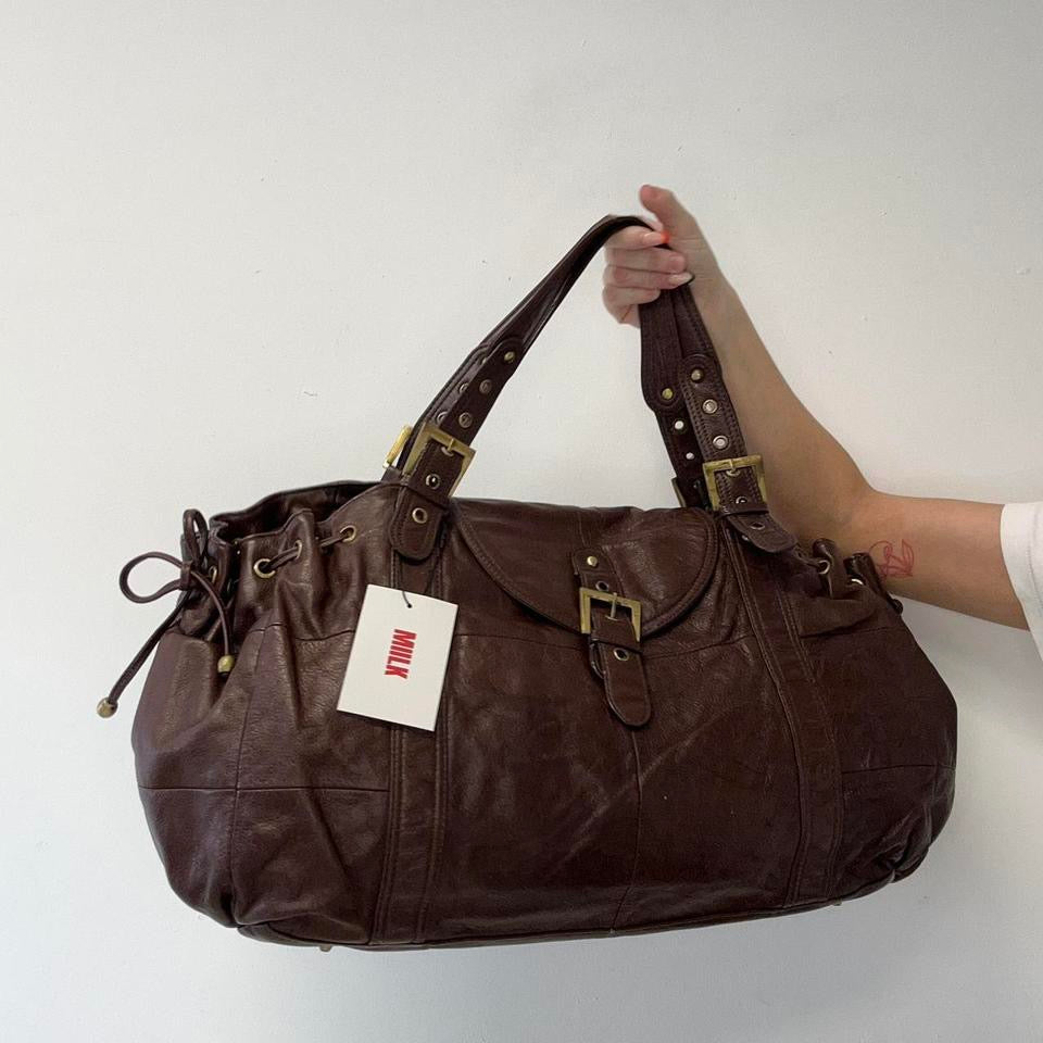 brown large leather buckle shoulder bag