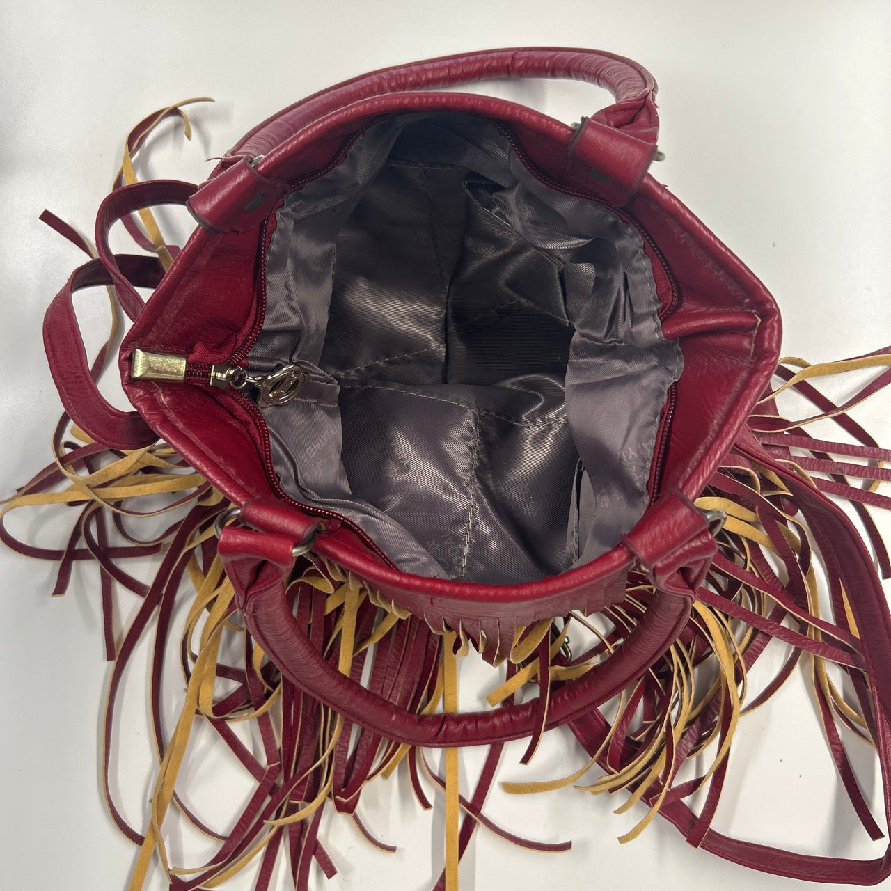 red genuine leather fringe festival shoulder bag