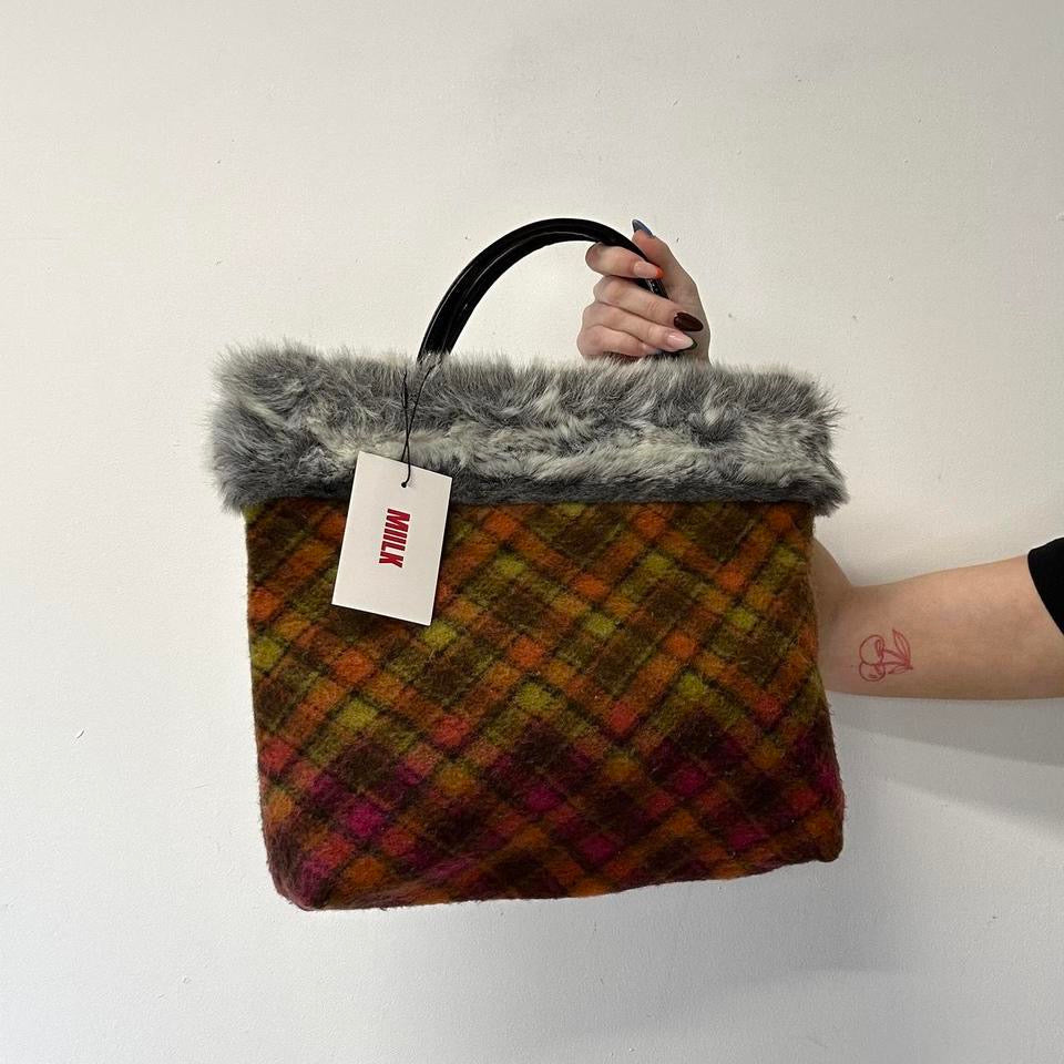 orange and pink plaid faux fur handbag