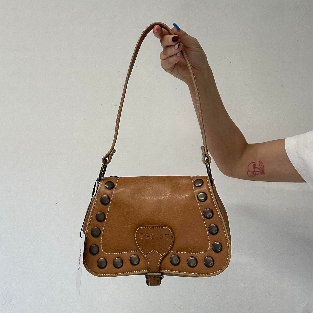 tanned studded faux leather shoulder bag