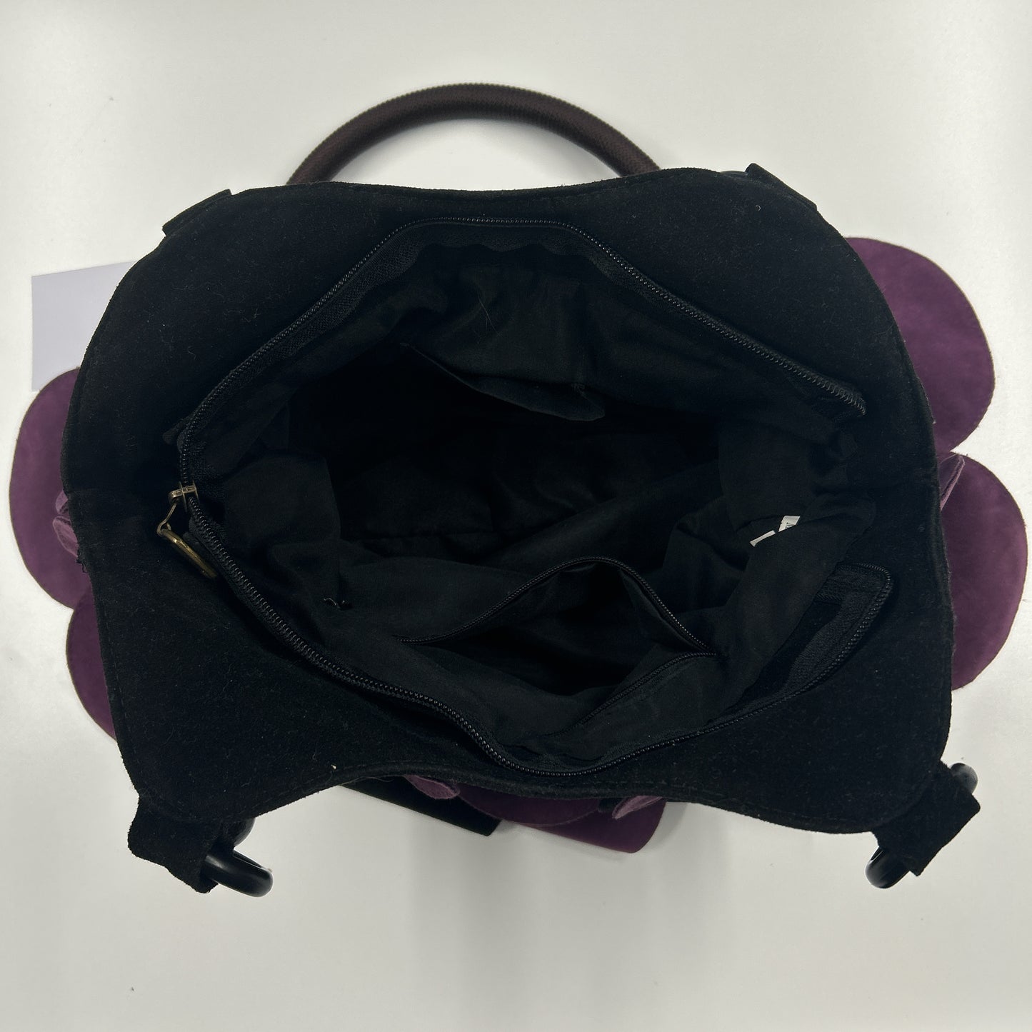 purple and black suede disc beaded shoulder bag