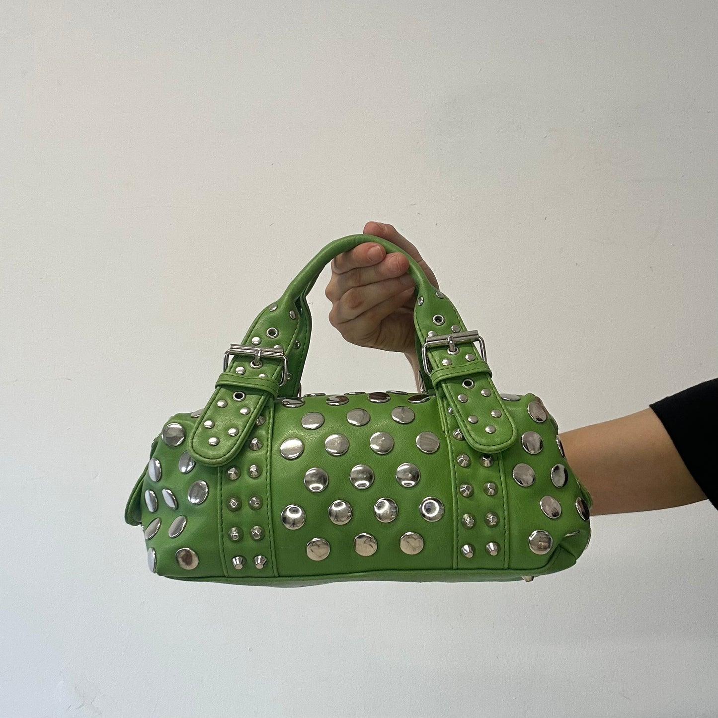 green studded double buckle mini hand bag