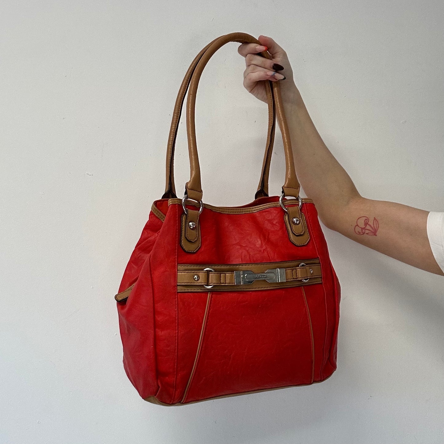 red and tanned faux leather shoulder bag