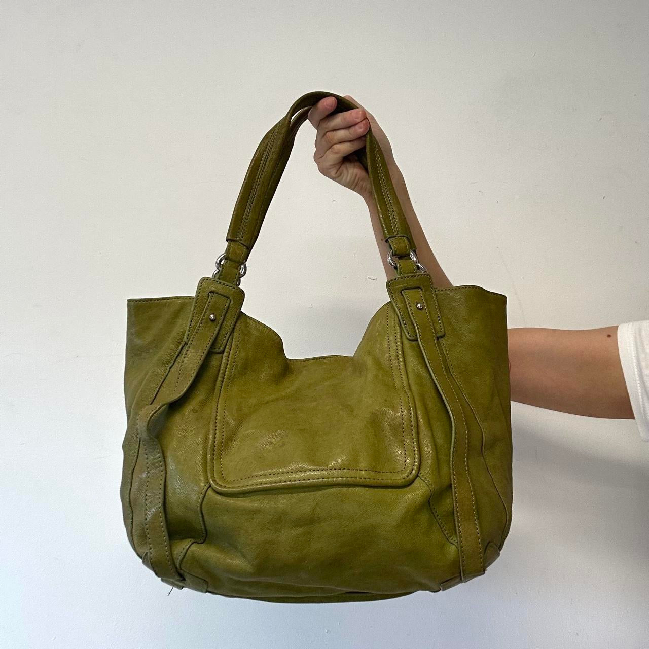 green genuine leather double zip shoulder bag