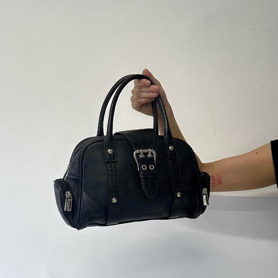 black genuine leather buckle shoulder bag