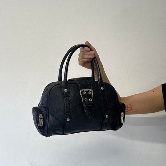 black genuine leather buckle shoulder bag