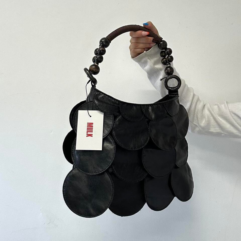 black faux leather disc beaded shoulder bag