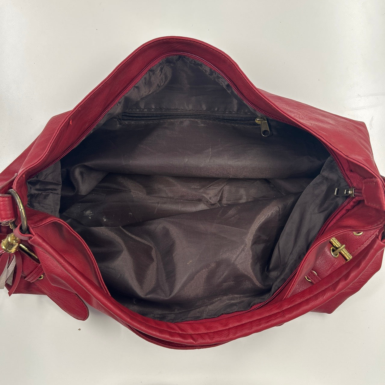 red double buckle faux leather shoulder bag