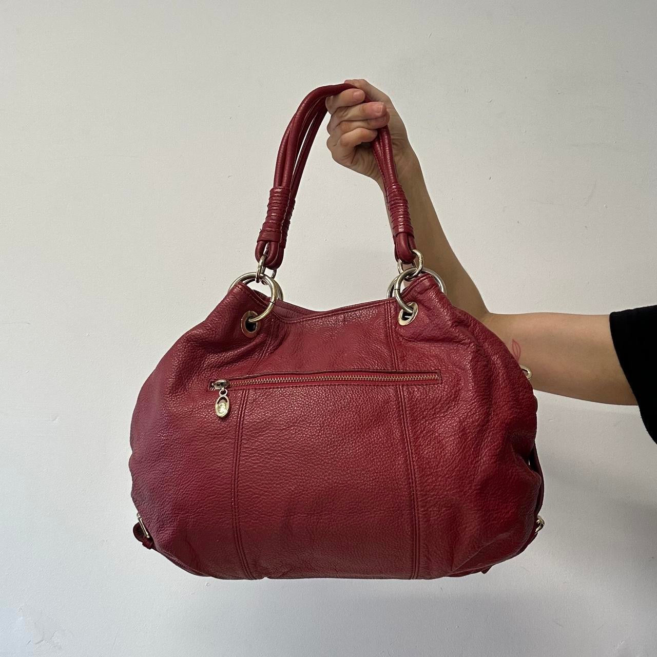 red genuine leather rope handles shoulder bag