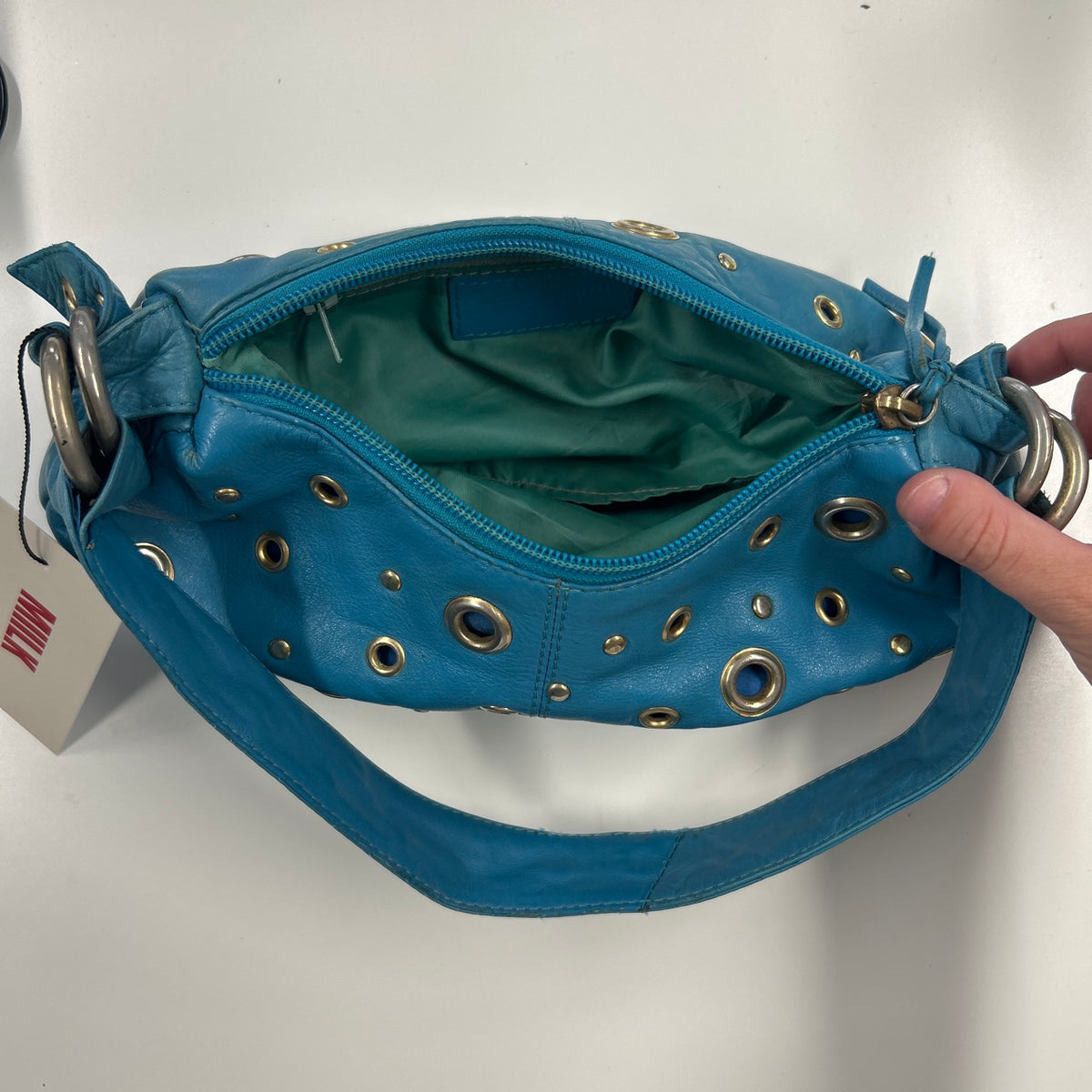 blue genuine leather eyelet shoulder bag