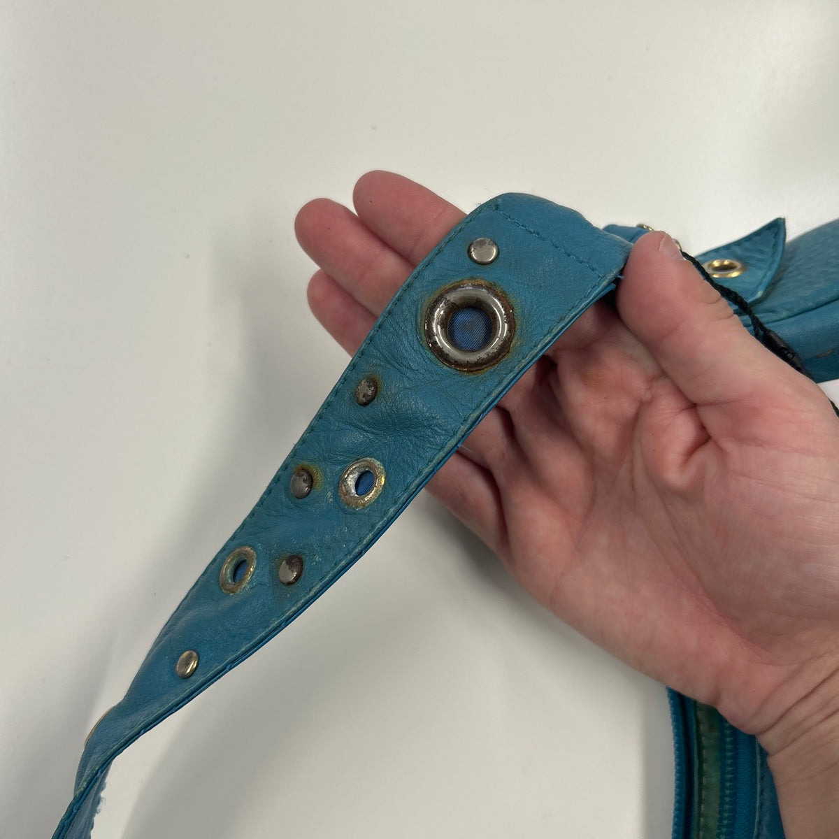 blue genuine leather eyelet shoulder bag