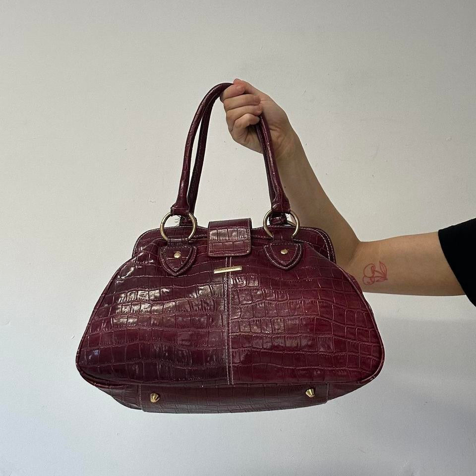 dark red faux leather croc effect buckle shoulder bag