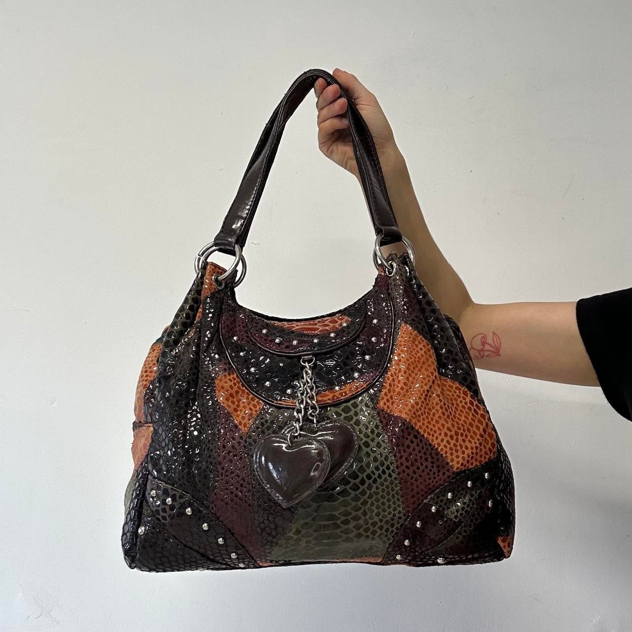multicoloured patchworks studded faux leather shoulder bag