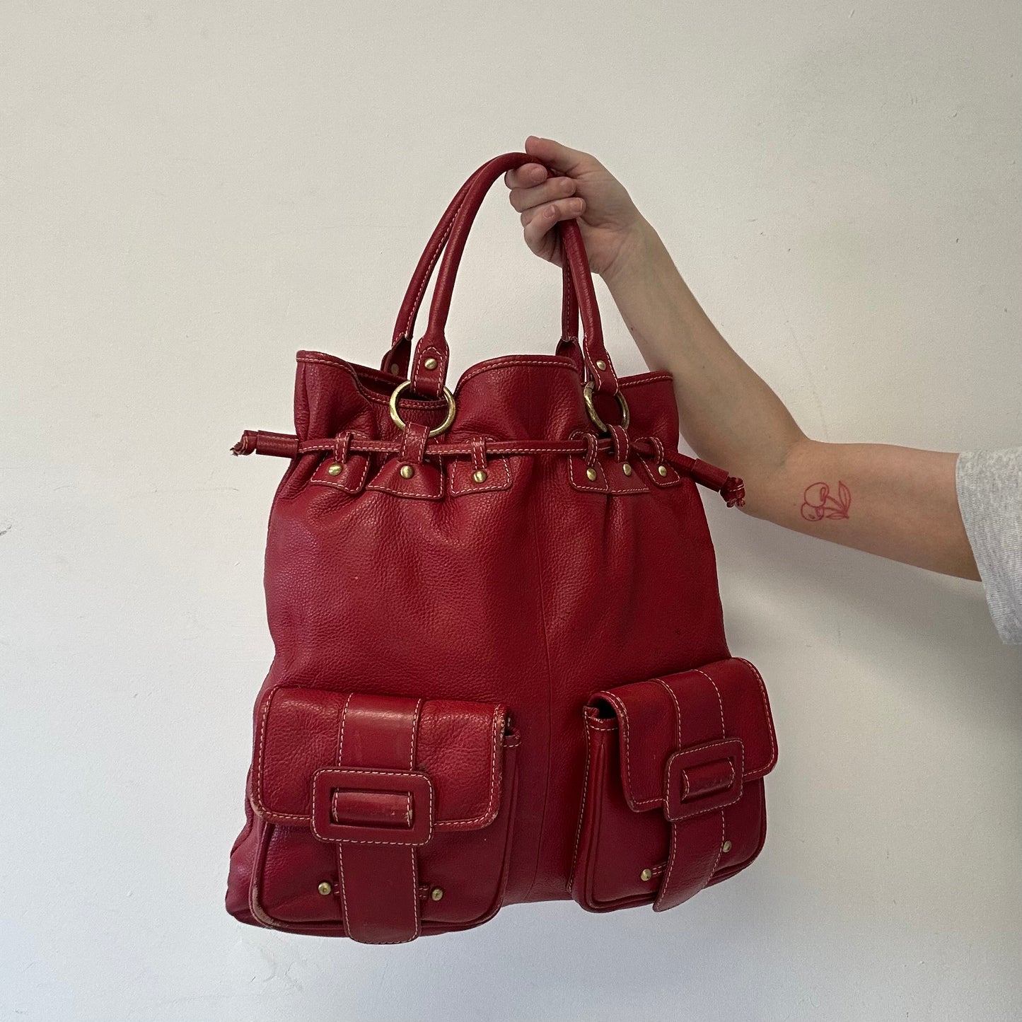 red genuine leather double pocket shoulder bag