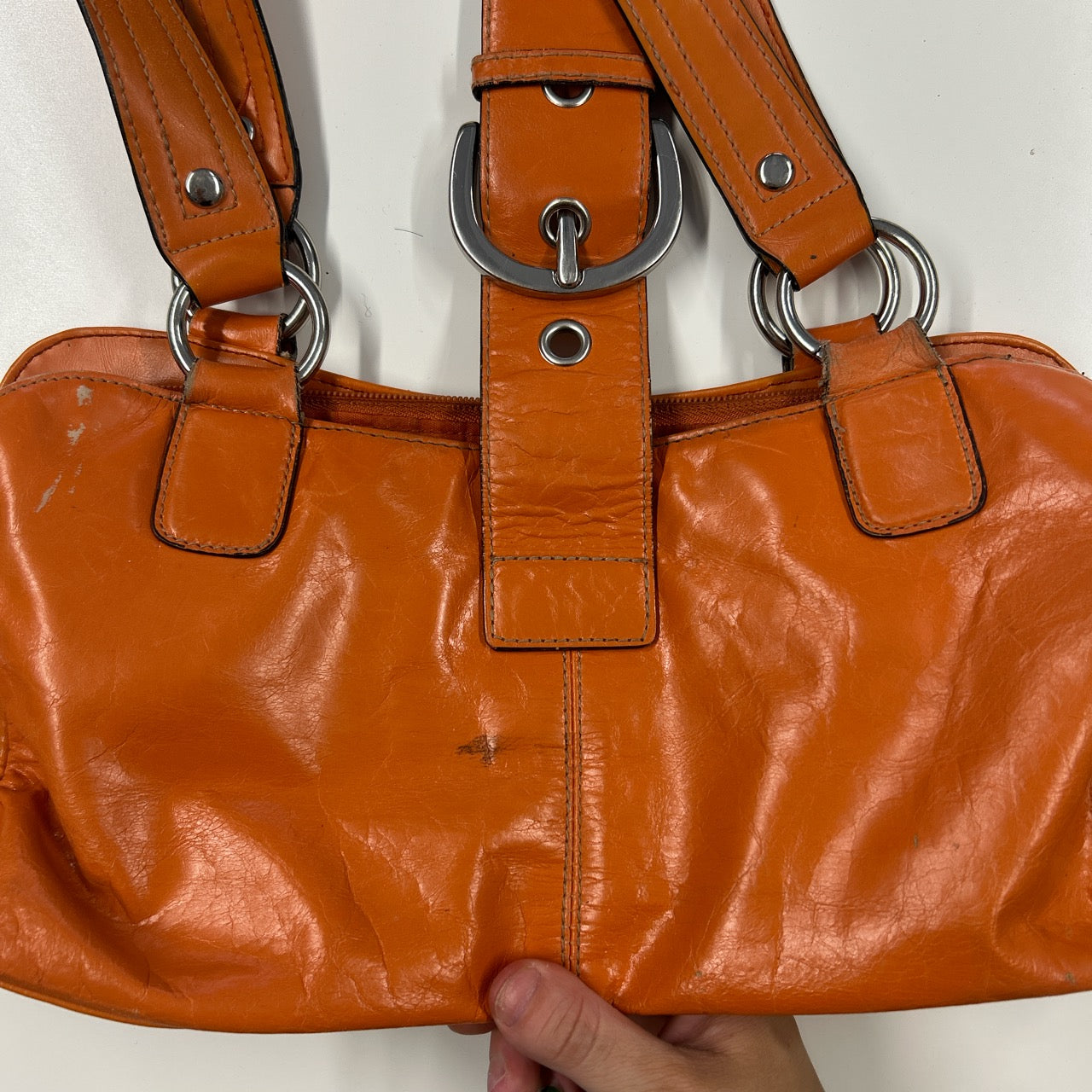 orange faux leather buckle shoulder bag
