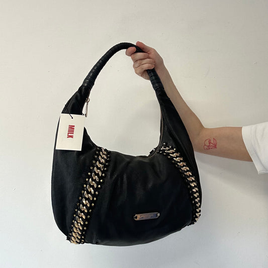 black genuine leather studded half crescent shoulder bag