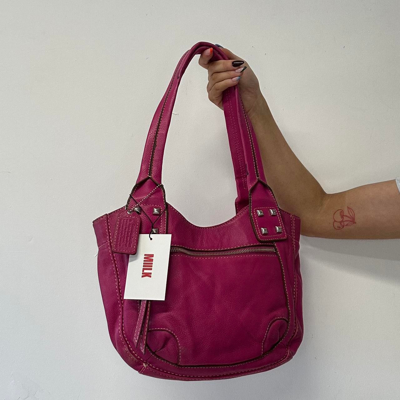 pink faux leather studded shoulder bag