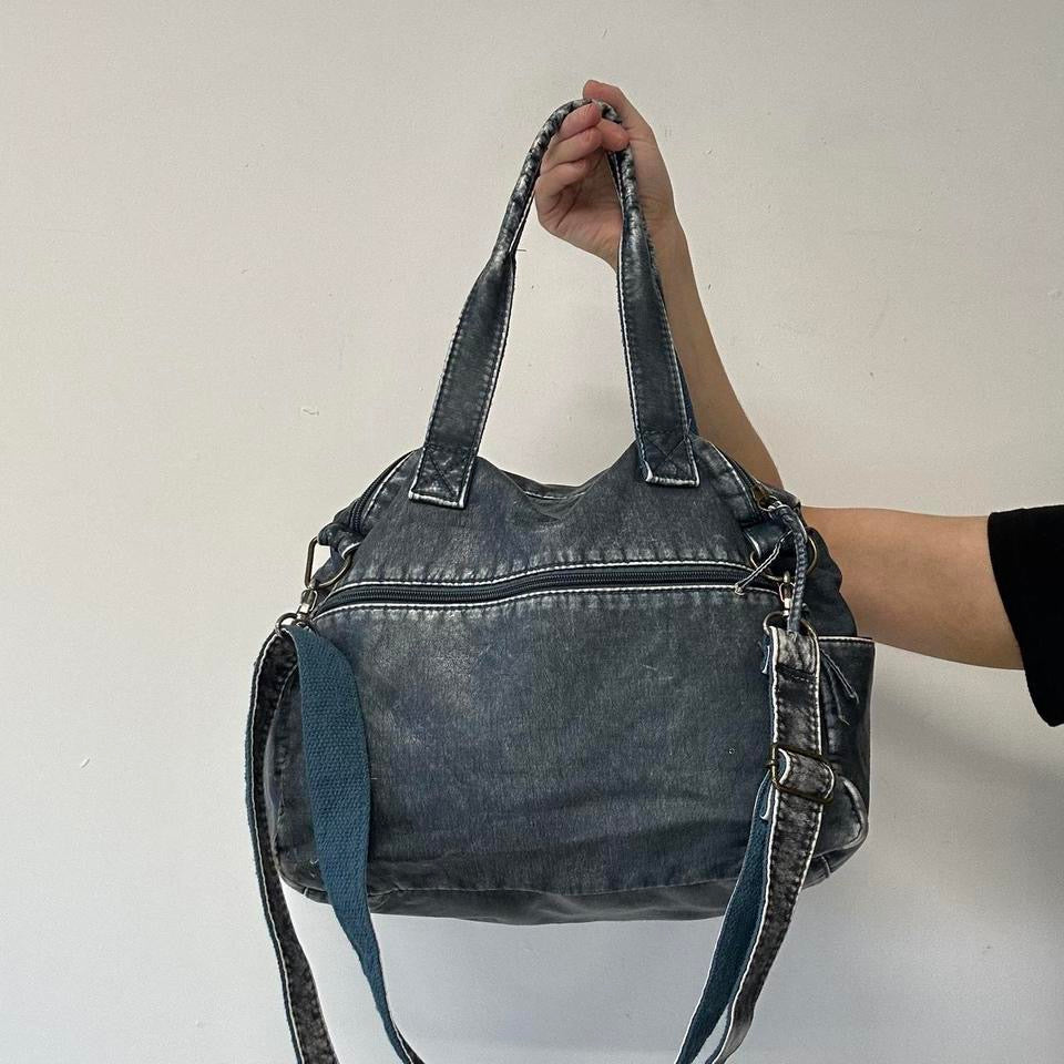 blue acid wash studded faux leather shoulder bag