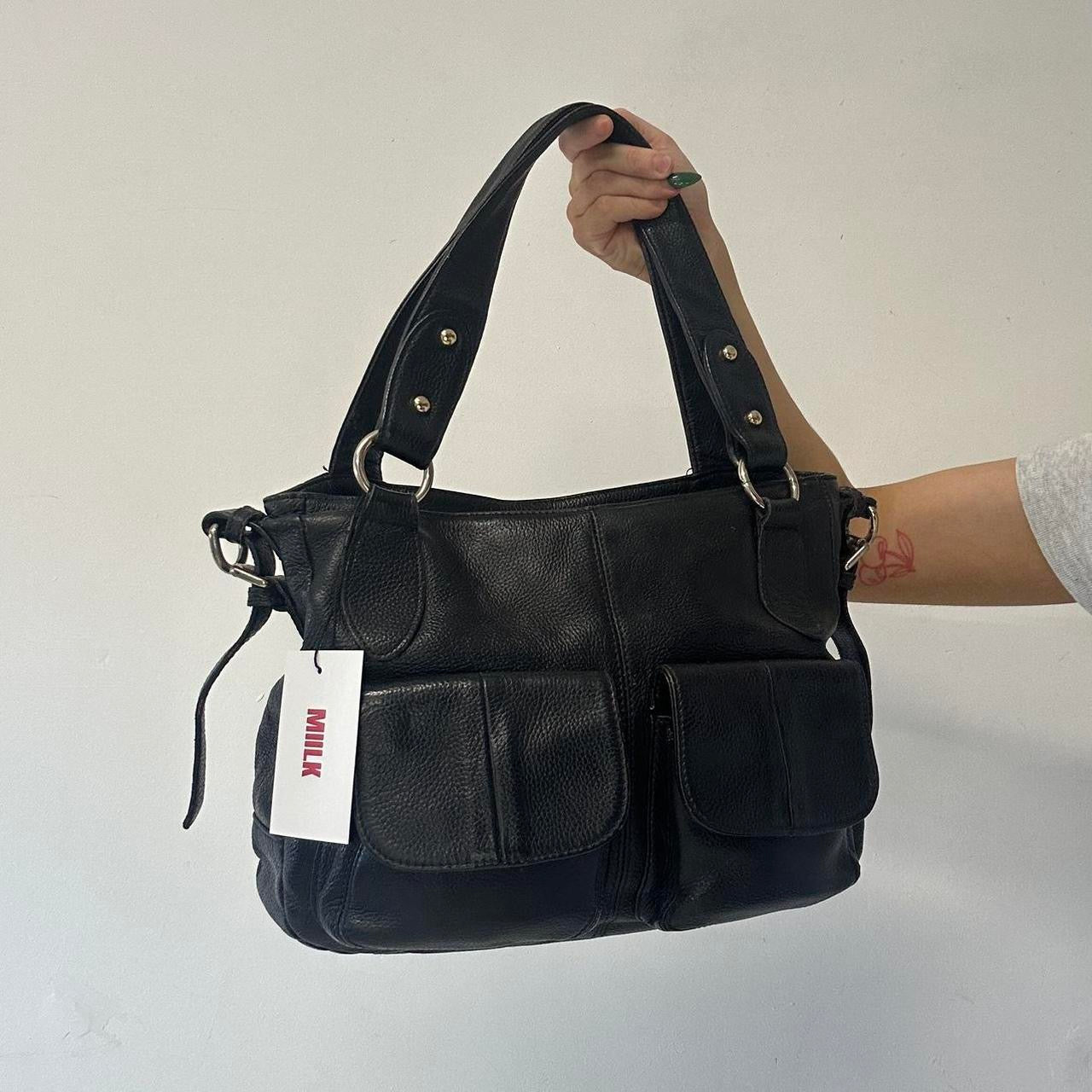 black genuine leather double pocket shoulder bag