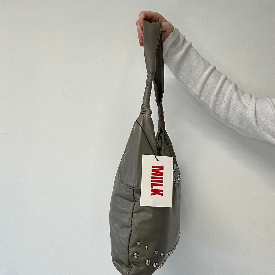 grey faux leather studded shoulder bag
