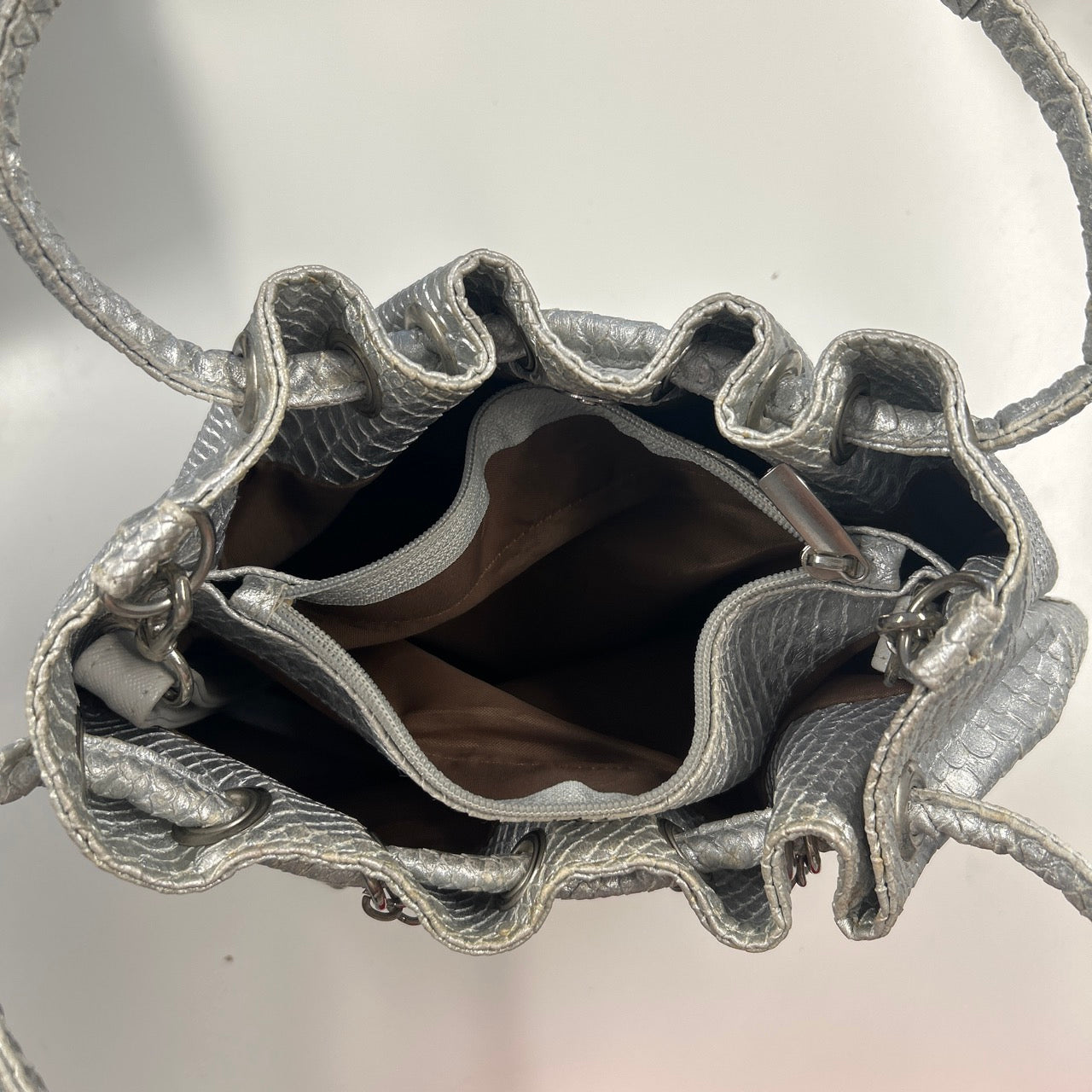 silver croc effect ruffled faux leather shoulder bag