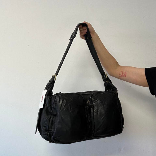 black double pocket genuine leather shoulder / crossbody bag