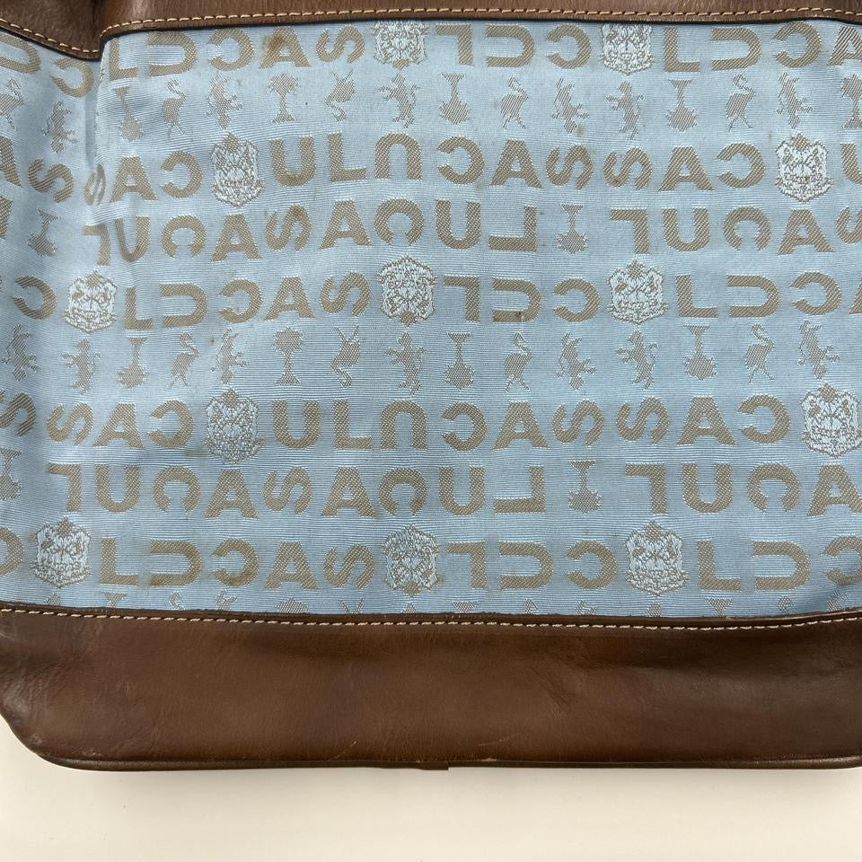 blue and brown crossbody drawstring bag