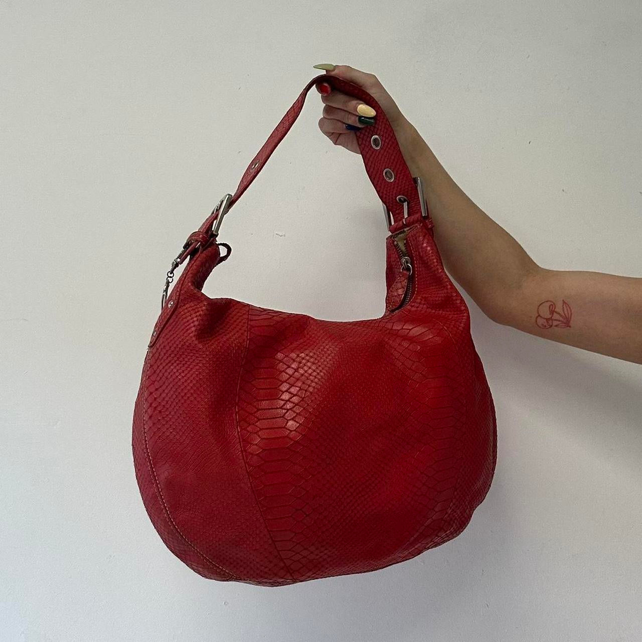 red leather croc effect buckle shoulder bag