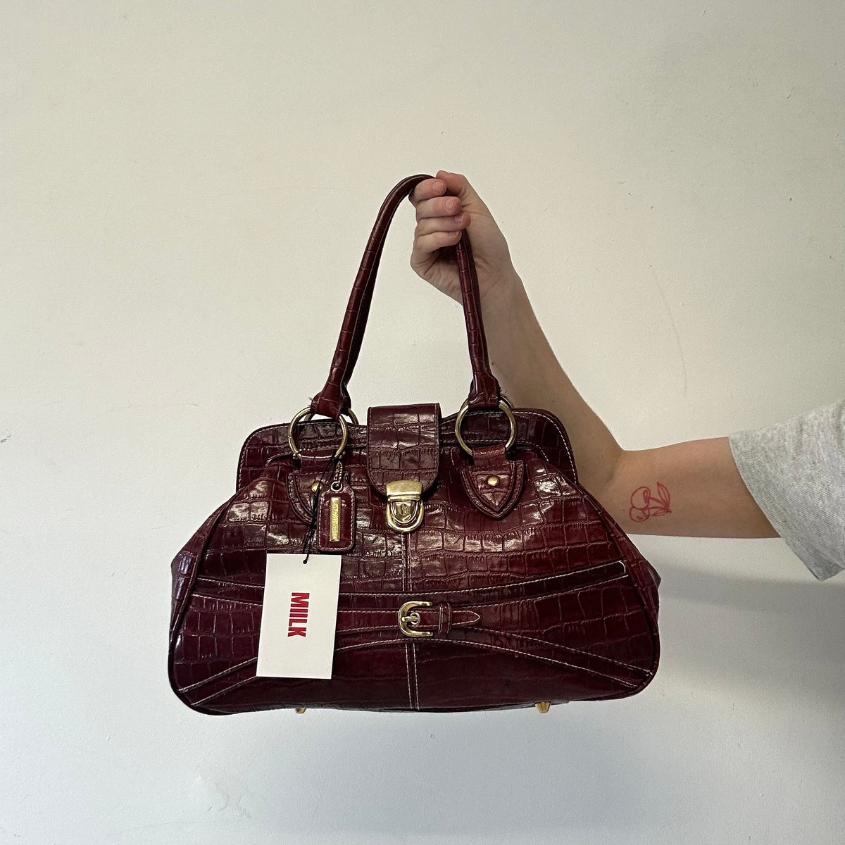 dark red burgundy faux leather buckle  shoulder bag