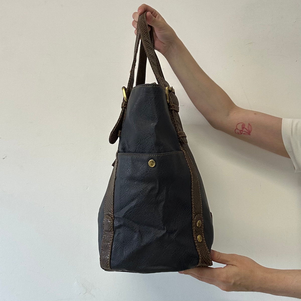 navy double buckle genuine leather shoulder bag