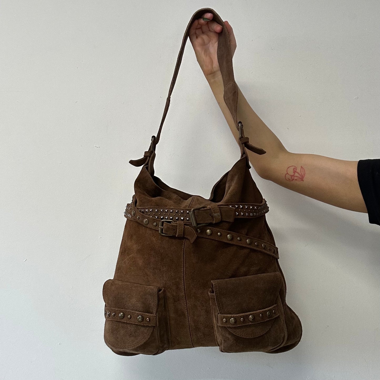brown suede studded belt shoulder bag