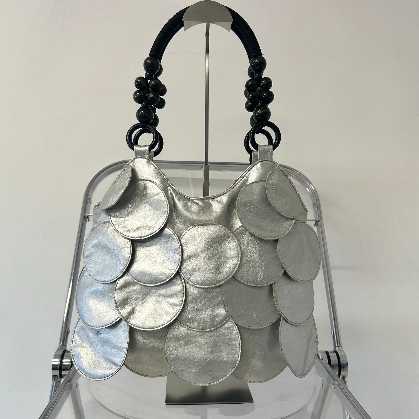 silver faux leather disc beaded shoulder bag