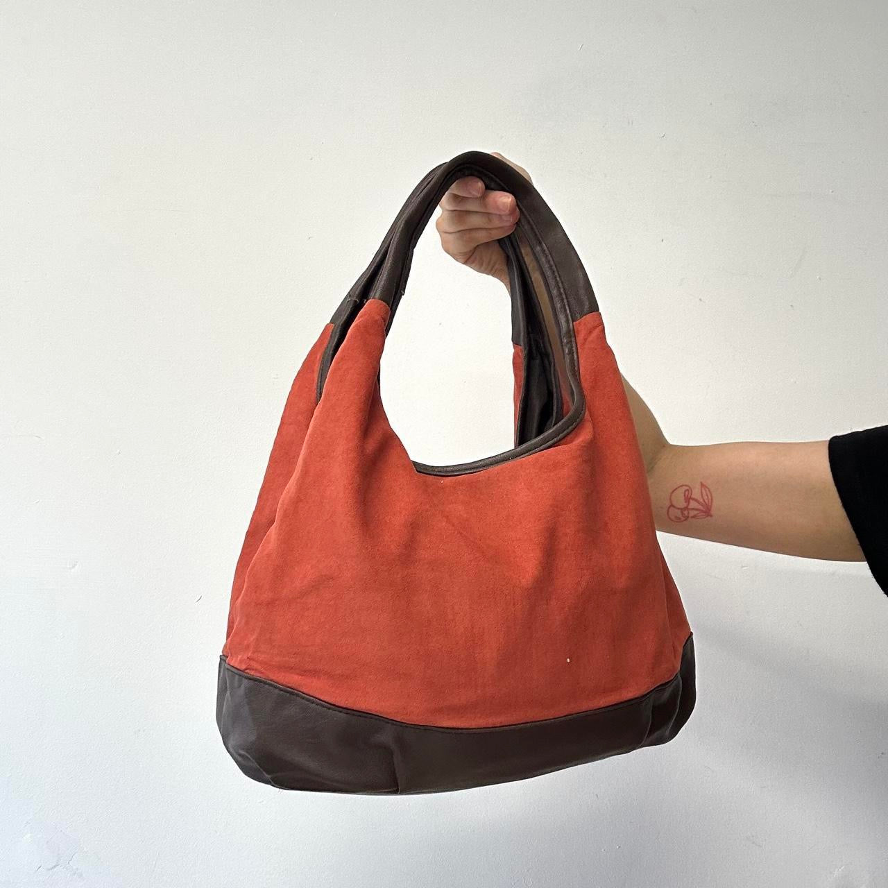 burnt orange soft feel and faux leather shoulder bag