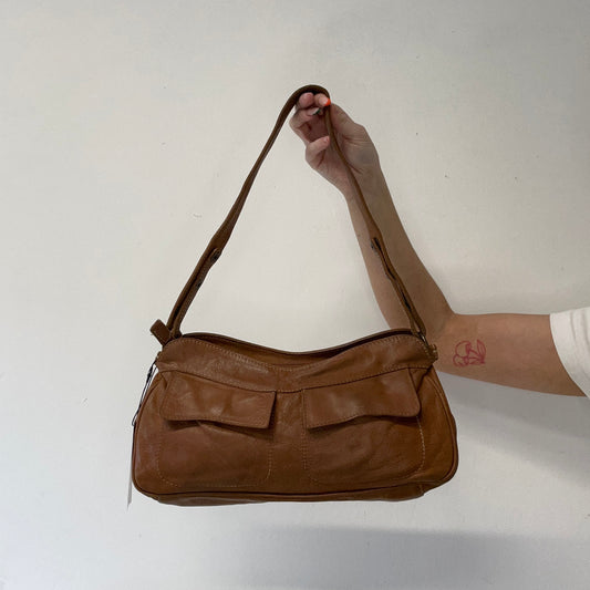 brown leather double pocket shoulder bag